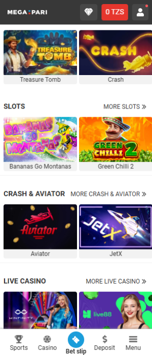 Casino games featured on the home screen of the Megapari Tanzania app